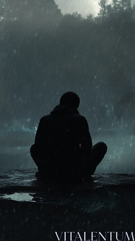 Solitary silhouette meditating on wet rock in heavy rain.
