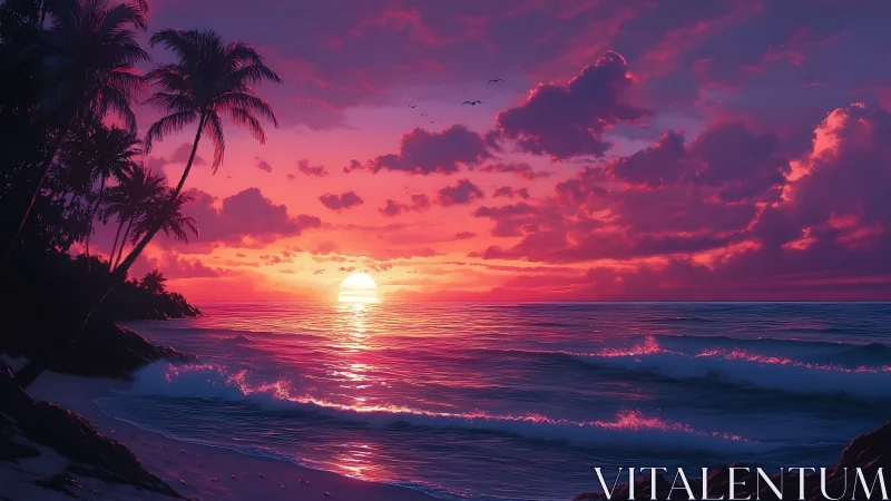 Chromatic tropical seascape with high-saturation sunset horizon.