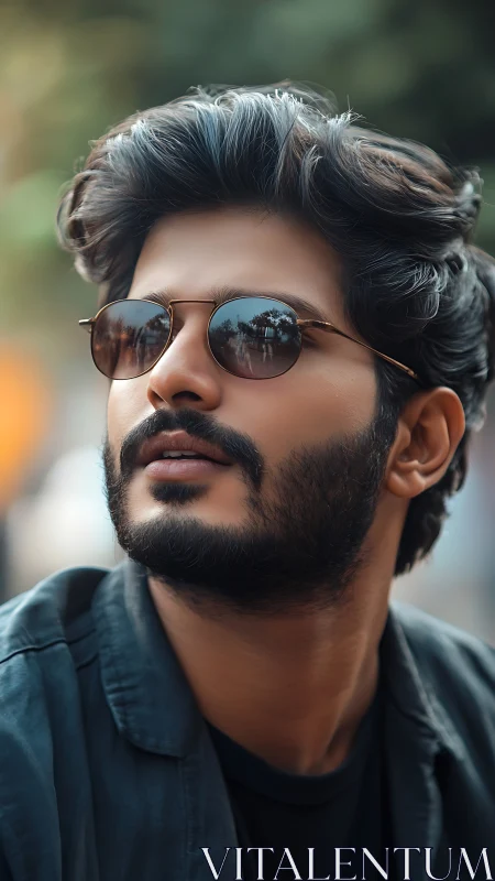 Urban portrait of man in sunglasses with cinematic bokeh.