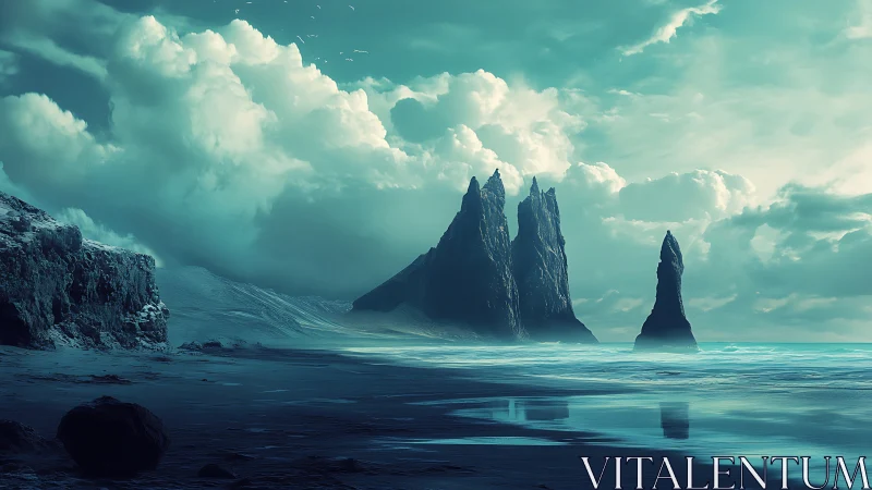 Coastal Rock Formations in Turquoise Waters Under Clouded Sky