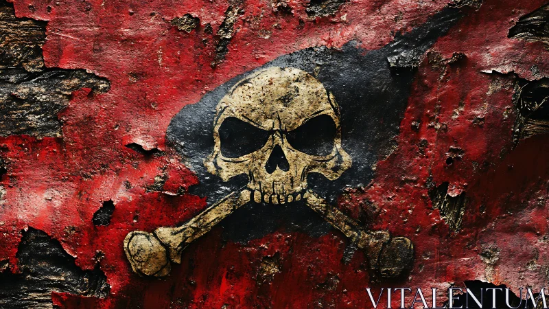 Weathered skull and crossbones on distressed red surface.