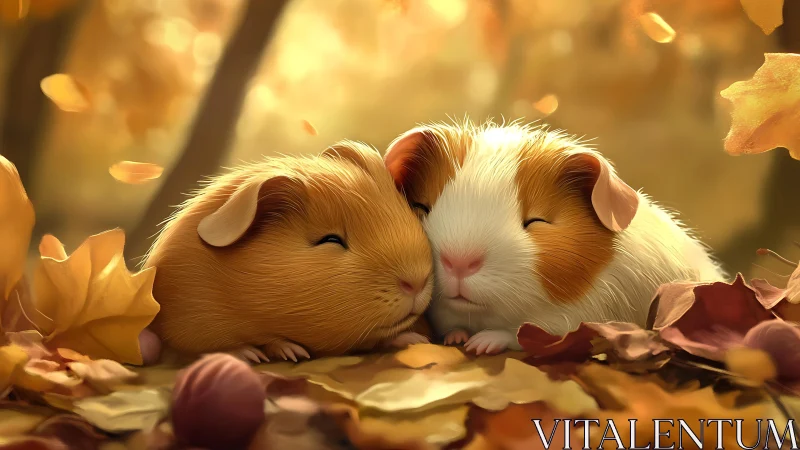Two guinea pigs rest among autumn leaves in soft focus