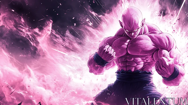 Intense muscular warrior in magenta energy explosion field.