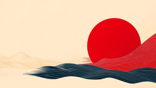 Minimalist landscape shows red sun over layered linear waves
