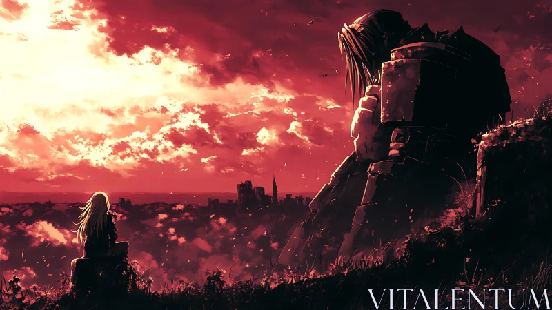 Human figure and armored giant overlooking distant cityscape.
