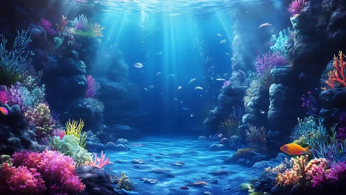 Sunlit coral canyon where colorful reef life drifts softly.