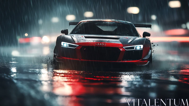 Racing coupe charges through neon rain with cinematic precision