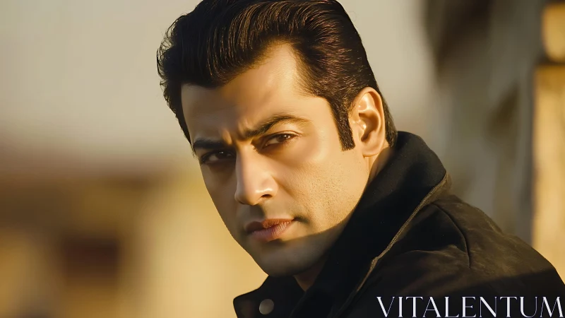 Side-lit male portrait with shallow depth and golden-hour tones.