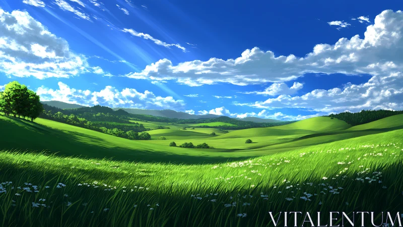 Sunlit rolling meadows under expansive cobalt sky.