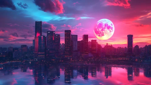 Neon-lit city skyline stands under oversized pink full moon