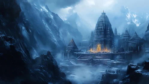 Ancient Himalayan temple complex glows amid icy mountain pass