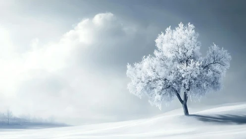 Quiet winter tree glowing softly in a peaceful snowfield.
