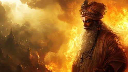 Ember-crowned sage walks through burning celestial kingdom.