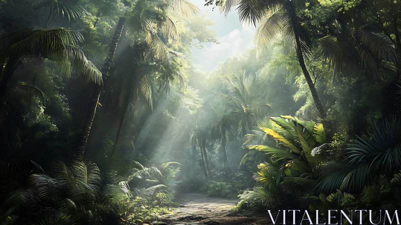 Sunlit Jungle Path Through Dense Tropical Forest.