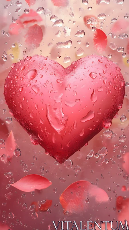 Heart Shaped Form Submerged in Water Droplets and Pink Petals