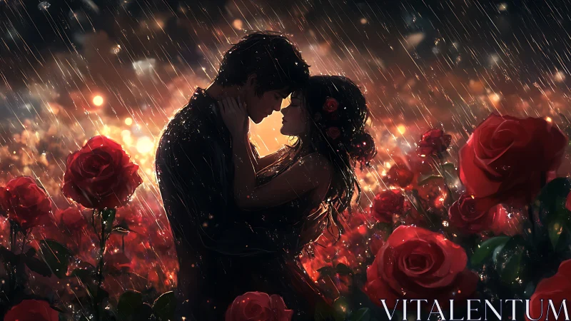 Two figures in rain surrounded by red roses.