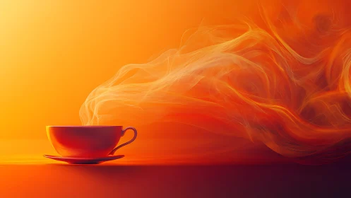 Cozy orange teacup with dreamy swirling golden steam.