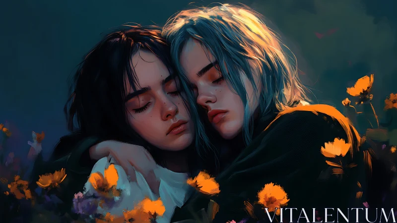 Two twilight dreamers rest in a meadow of burning blooms