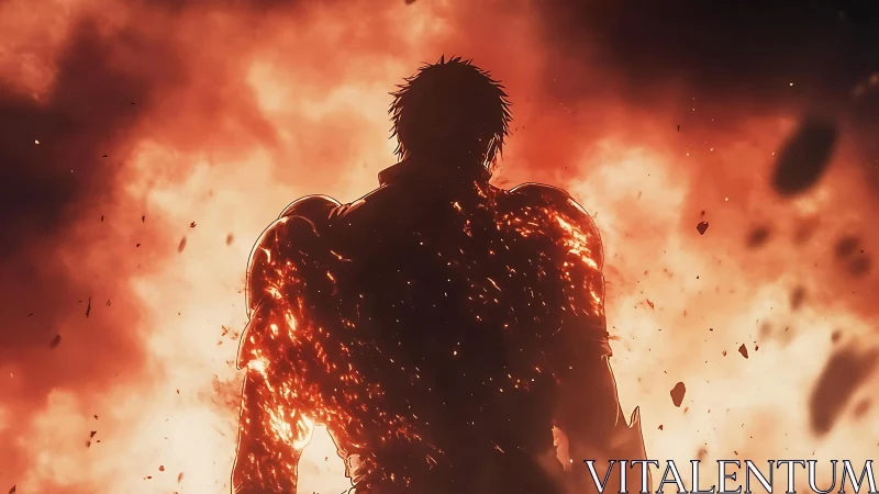 Backlit armored figure engulfed in volumetric fire and embers