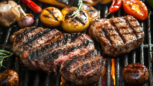 Steaks crackle over fire while summer vegetables join in