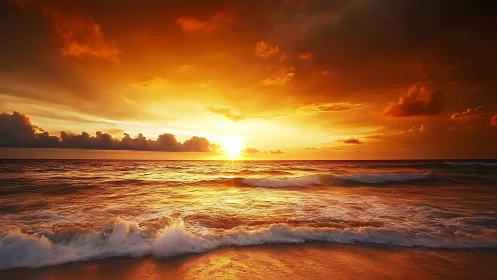 Fiery orange ocean sunset with waves and dark clouds.