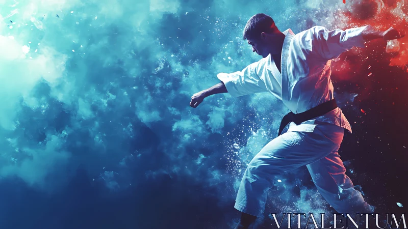 Martial artist executes dynamic kick through colored smoke