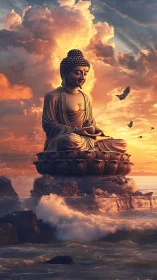 Large Buddha statue above ocean waves at sunset sky.