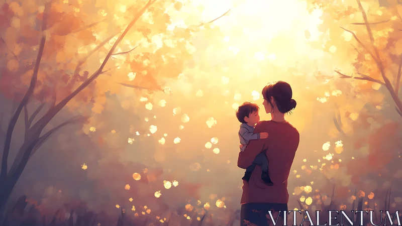 Mother and child share a golden autumn forest embrace