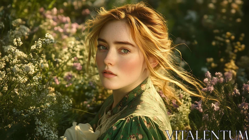 Sunlit redhead portrait in lush wildflower meadow.