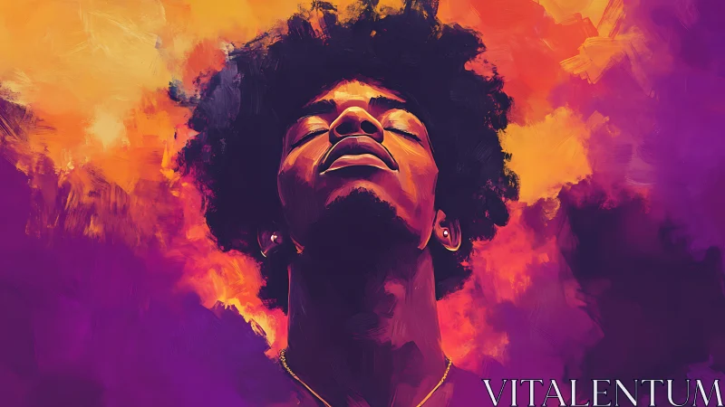 Portrait of serene man rising through vivid cosmic color