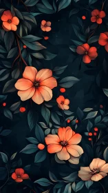 Coral Floral Botanical Illustration Against Deep Teal Backdrop