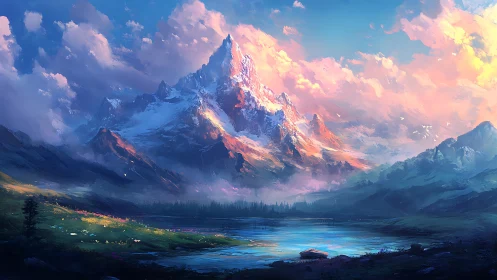 Radiant alpine peak above tranquil blue valley lake.