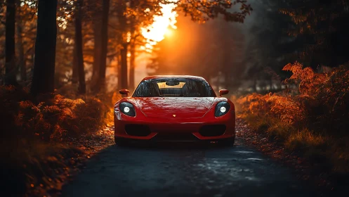 Red sports car on forest road at warm sunset light.