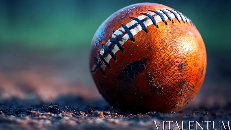 Weathered leather football on muddy field in shallow focus.