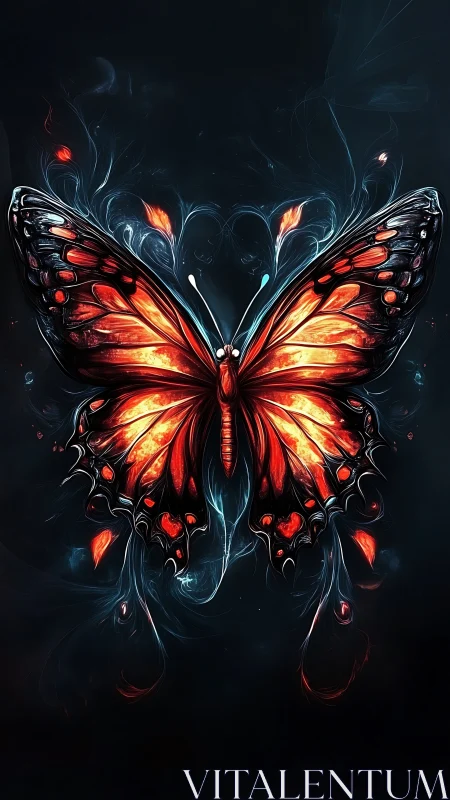 Luminous fire butterfly glows against deep cosmic void.