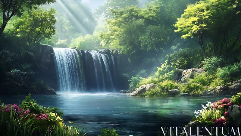 Sunlit forest waterfall cascades into a tranquil emerald pool
