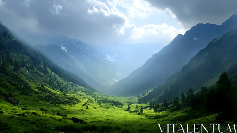 Backlit alpine valley captures atmospheric depth and scale