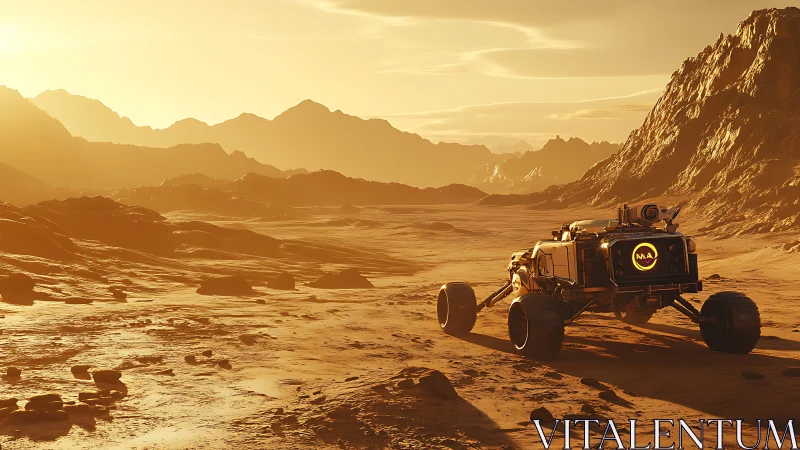 Solar rover explores vast golden alien desert at dusk.
