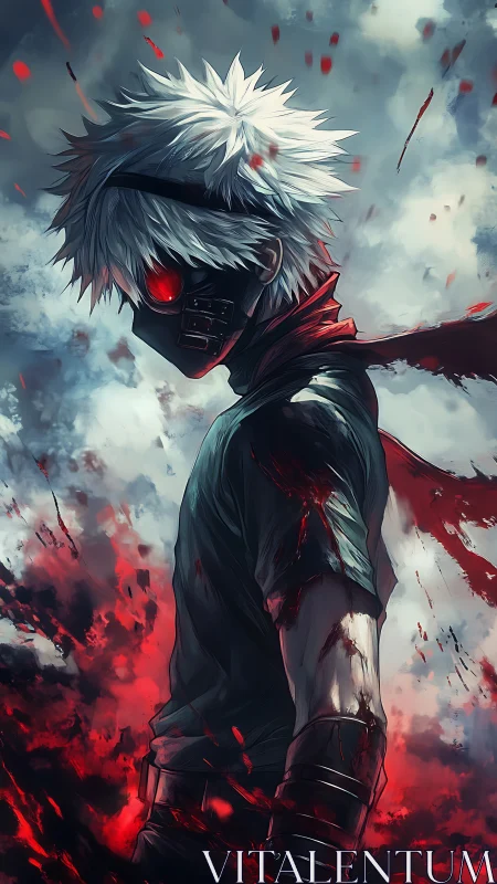 White haired masked cyber warrior in red energy storm profile