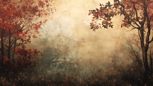 Autumnal Forest in Misty Haze with Red and Brown Foliage