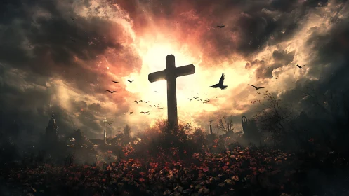 Large cross silhouette in dramatic backlit cloudy sky scene.