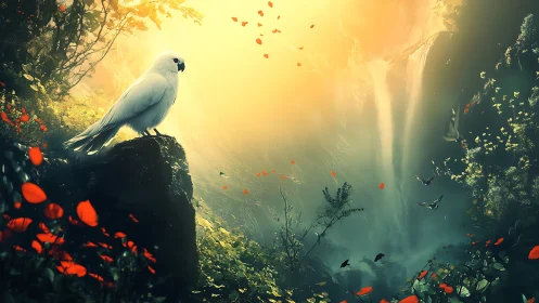 White parrot perched in enchanted forest with glowing waterfall.