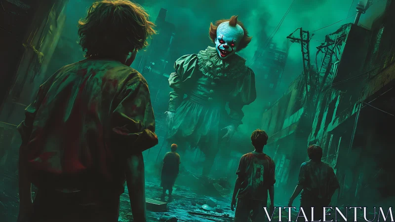 Giant demonic clown confronting four children in ruined alley