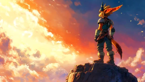 Anthropomorphic warrior surveys sunset sky in vivid digital art