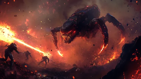 Colossal mech arachnid assault in molten battlefield inferno.
