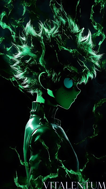 Profile view of stylized figure in green luminous energy field