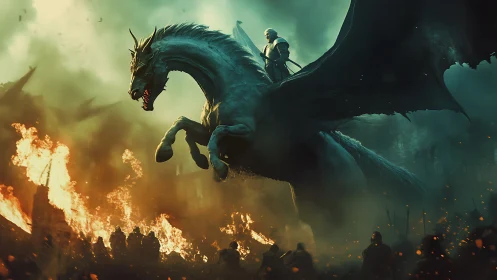 Dragonrider stormbreak over burning siege-torn cityscape.