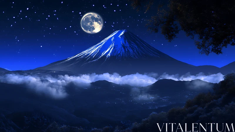Moonlit mountain peak over misty blue valley at night.