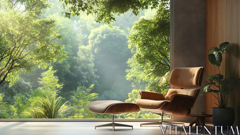 Lounge chair overlooks lush forest through vast window.