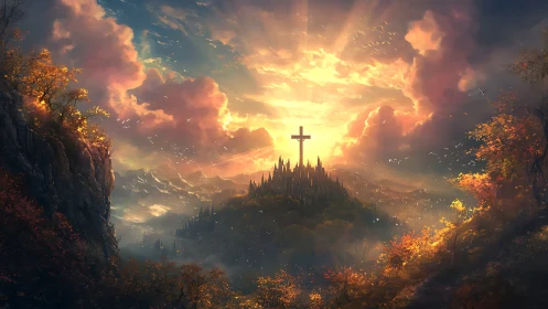 Sunlit hilltop sanctuary beneath radiant autumn skies.